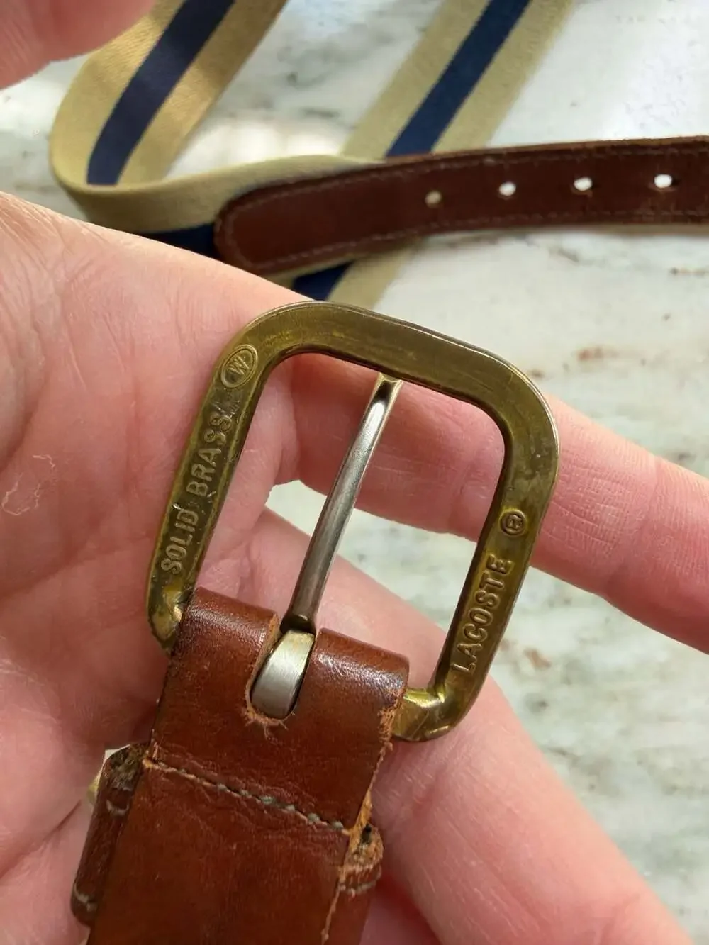 Vintage Lacoste Khaki and Navy Striped Canvas Belt with Leather Trim and Solid B